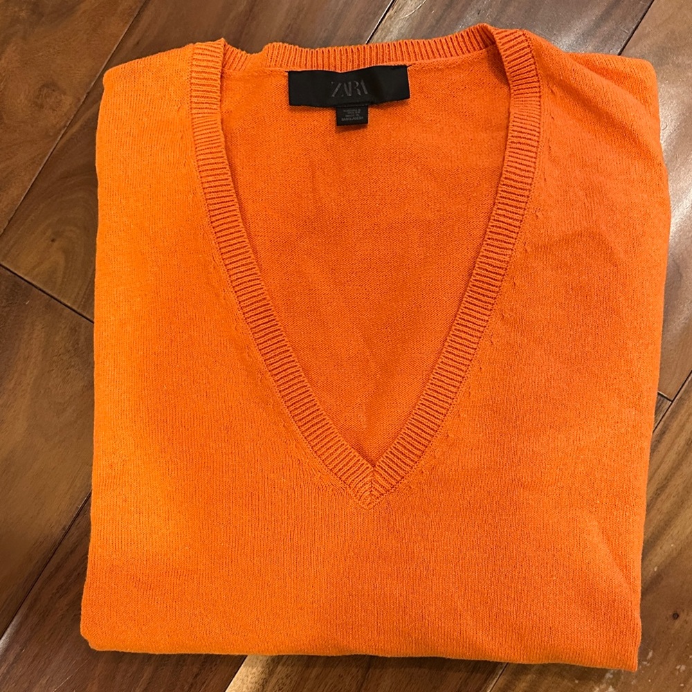 Zara Men's Bright Orange V-Neck Sweater